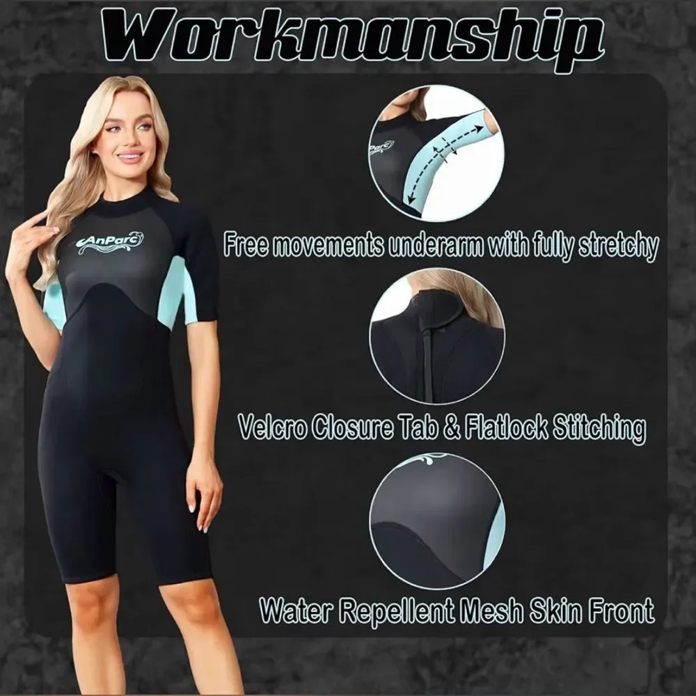 AnPar 3mm Neoprene Shorty Wet Suit for Women Black and Blue Short Sleeve M NWOT